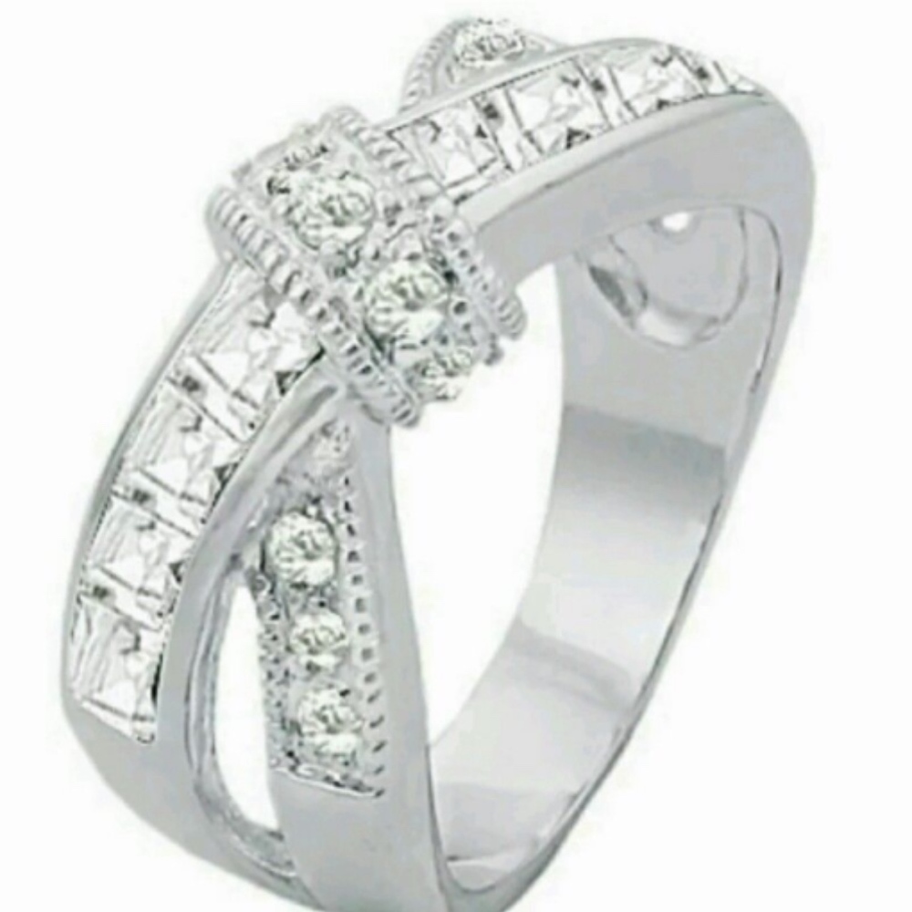 Silver Plated Cross Band Eternity  Ring size 10 Cubic Zirconia *